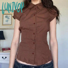 Lunivop Brown Pleated Button T-Shirt Women Short Sleeve Fitted Blouses 00S Aesthetic Fairy Y2K