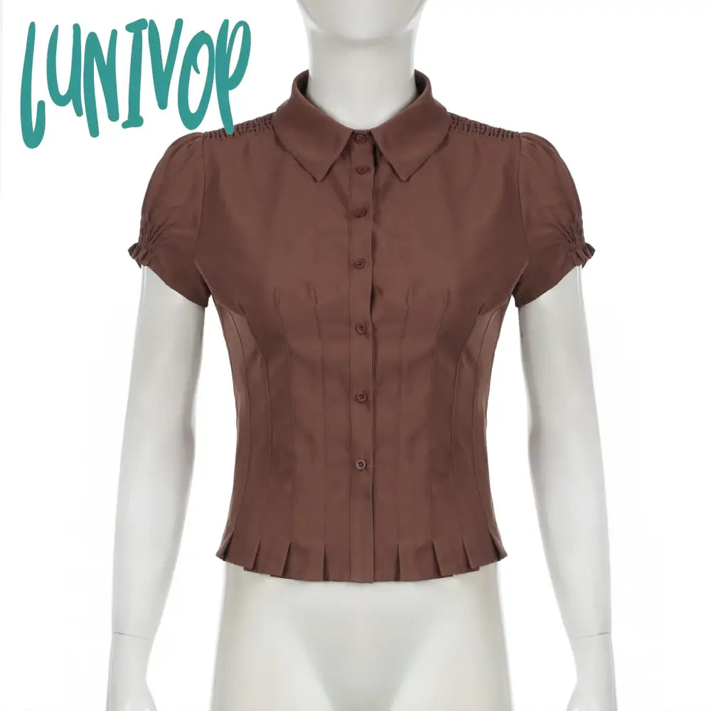 Lunivop Brown Pleated Button T-Shirt Women Short Sleeve Fitted Blouses 00S Aesthetic Fairy Y2K