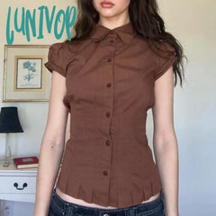 Lunivop Brown Pleated Button T-Shirt Women Short Sleeve Fitted Blouses 00S Aesthetic Fairy Y2K