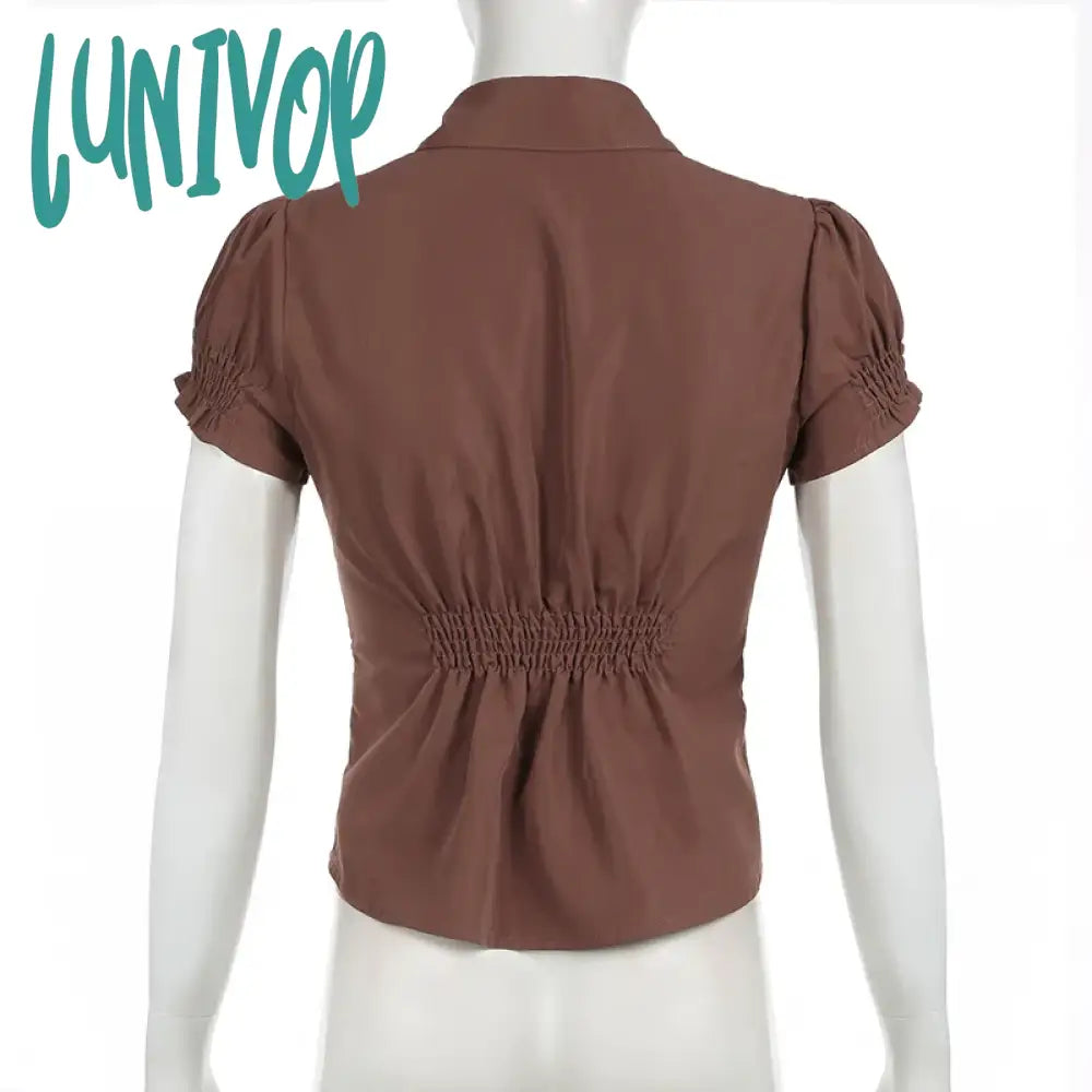 Lunivop Brown Pleated Button T-Shirt Women Short Sleeve Fitted Blouses 00S Aesthetic Fairy Y2K