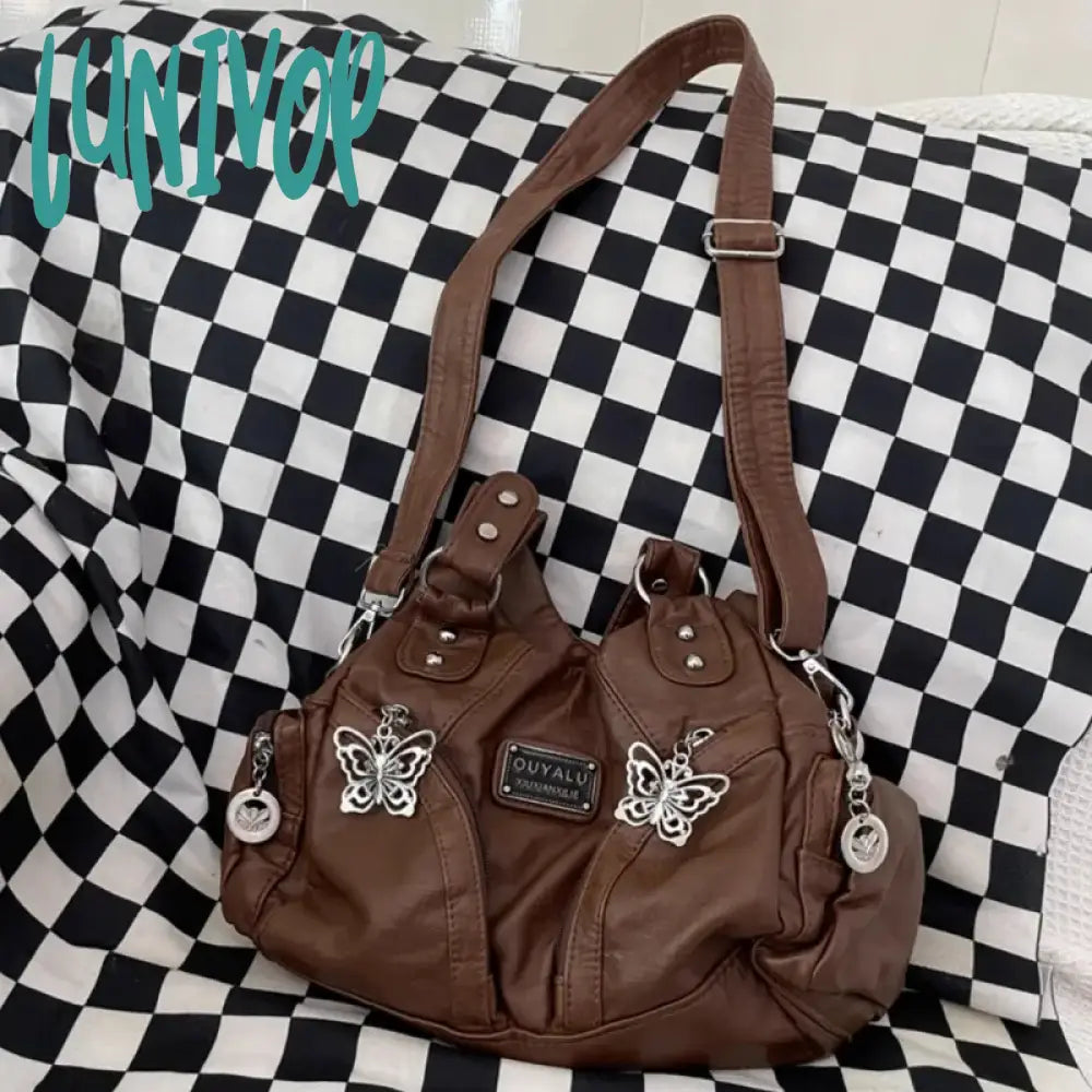 Lunivop Brown Y2K Womens Shoulder Bag Vintage Fashion Soft Pu Leather Gothic Tote Punk Harajuku