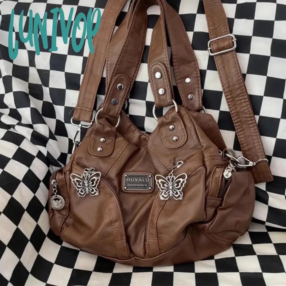 Lunivop Brown Y2K Womens Shoulder Bag Vintage Fashion Soft Pu Leather Gothic Tote Punk Harajuku