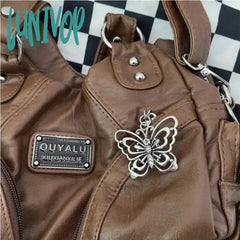 Lunivop Brown Y2K Womens Shoulder Bag Vintage Fashion Soft Pu Leather Gothic Tote Punk Harajuku