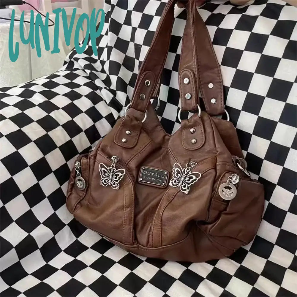 Lunivop Brown Y2K Womens Shoulder Bag Vintage Fashion Soft Pu Leather Gothic Tote Punk Harajuku