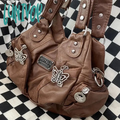 Lunivop Brown Y2K Womens Shoulder Bag Vintage Fashion Soft Pu Leather Gothic Tote Punk Harajuku