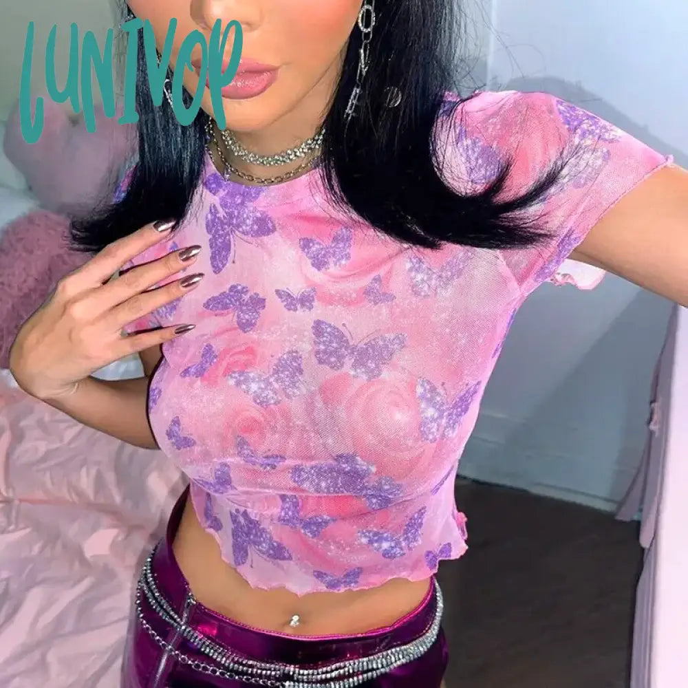 Lunivop Butterfly Printed Pink Mesh Sheer Cute T Shirt For Girls Graphic Tees Trendy Clothes 2024