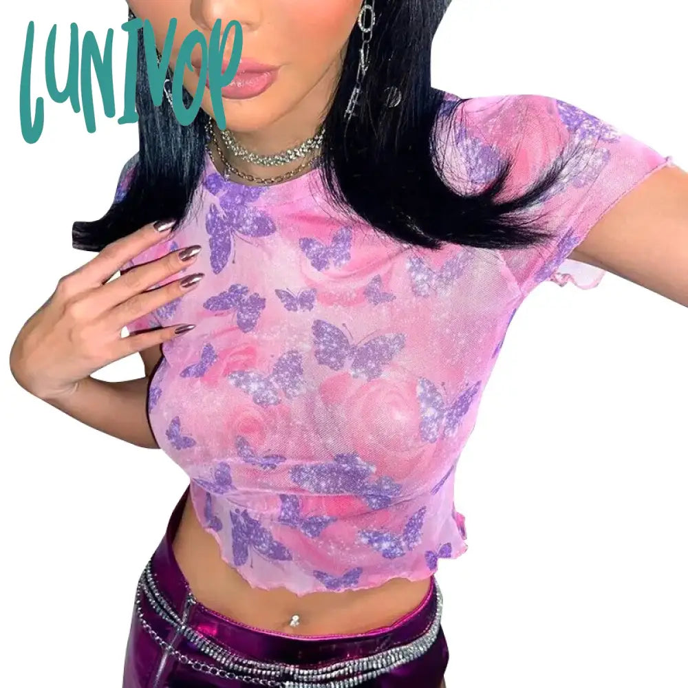 Lunivop Butterfly Printed Pink Mesh Sheer Cute T Shirt For Girls Graphic Tees Trendy Clothes 2024