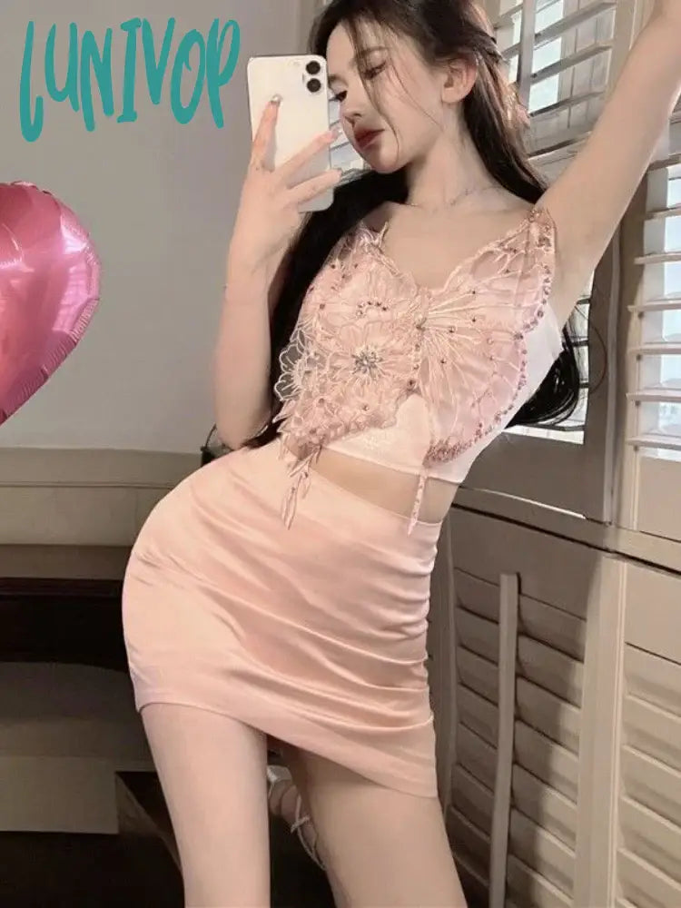 Lunivop Butterfly Vintage Elegant Two Piece Set Women Lace Korean Sexy Mini Skirts Suit Female Chic