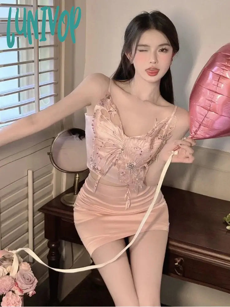 Lunivop Butterfly Vintage Elegant Two Piece Set Women Lace Korean Sexy Mini Skirts Suit Female Chic