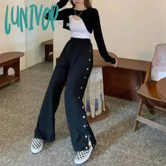 Lunivop Button Side Women Pants For Spring Clothes Hip Hop Wide Leg Trousers Cyber Y2K Techwear