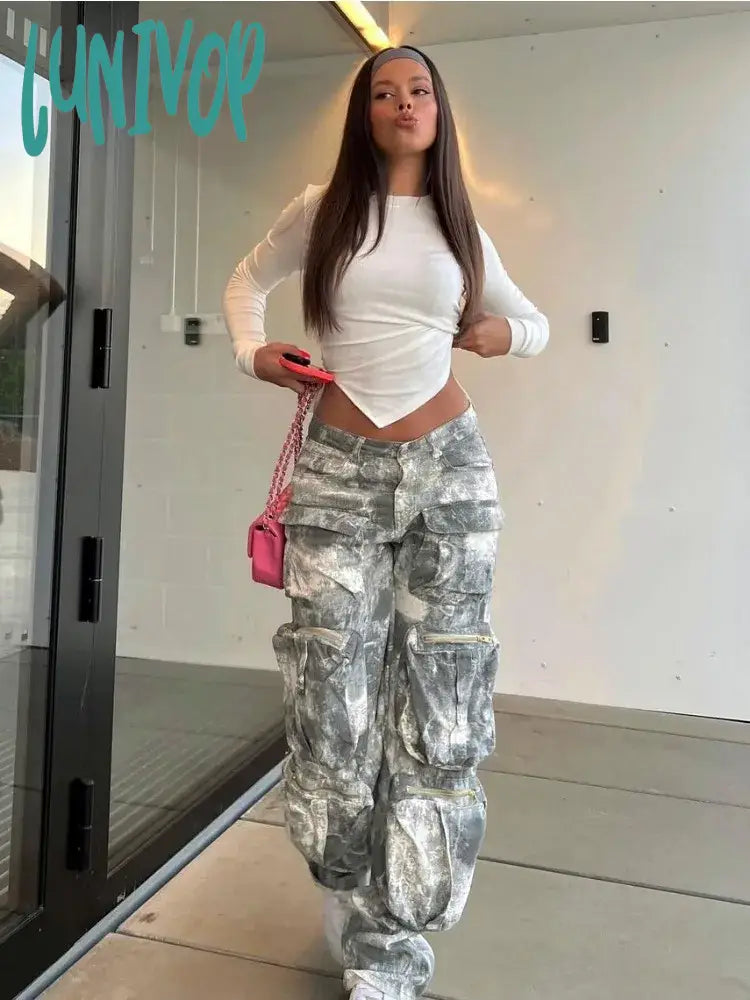 Lunivop Camouflage Cargo Pants Women Fashion Multiple Pockets Loose Long Pant Femme Street High