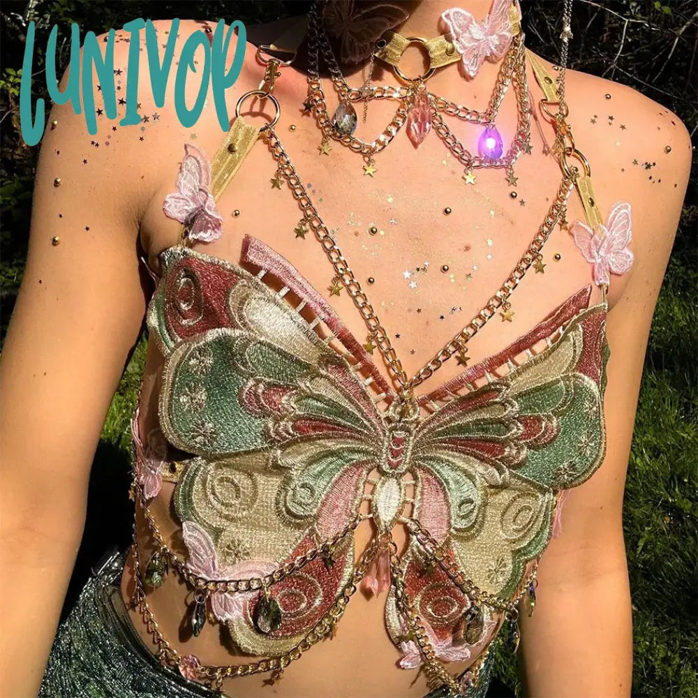 Lunivop Sexy Woman Crystal Chain Butterfly Embroidery Sleeveless Backless Adjustable Ultra Short