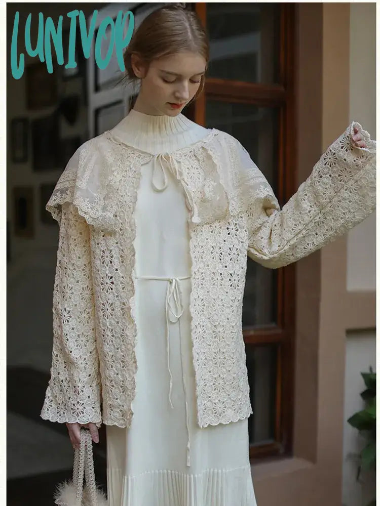 Lunivop Cardigans Women Spring Fall Summer Elegant Embroidered Lace Big Lapel French Crochet Loose