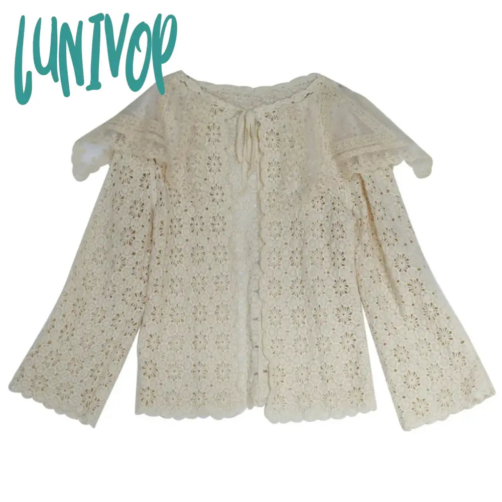 Lunivop Cardigans Women Spring Fall Summer Elegant Embroidered Lace Big Lapel French Crochet Loose