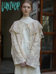 Lunivop Cardigans Women Spring Fall Summer Elegant Embroidered Lace Big Lapel French Crochet Loose