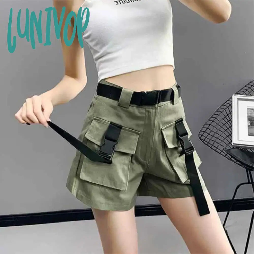 Lunivop Cargo Shorts Women Harajuku Streetwear High Waist Pockets Belt Wide Leg Korean Loose All