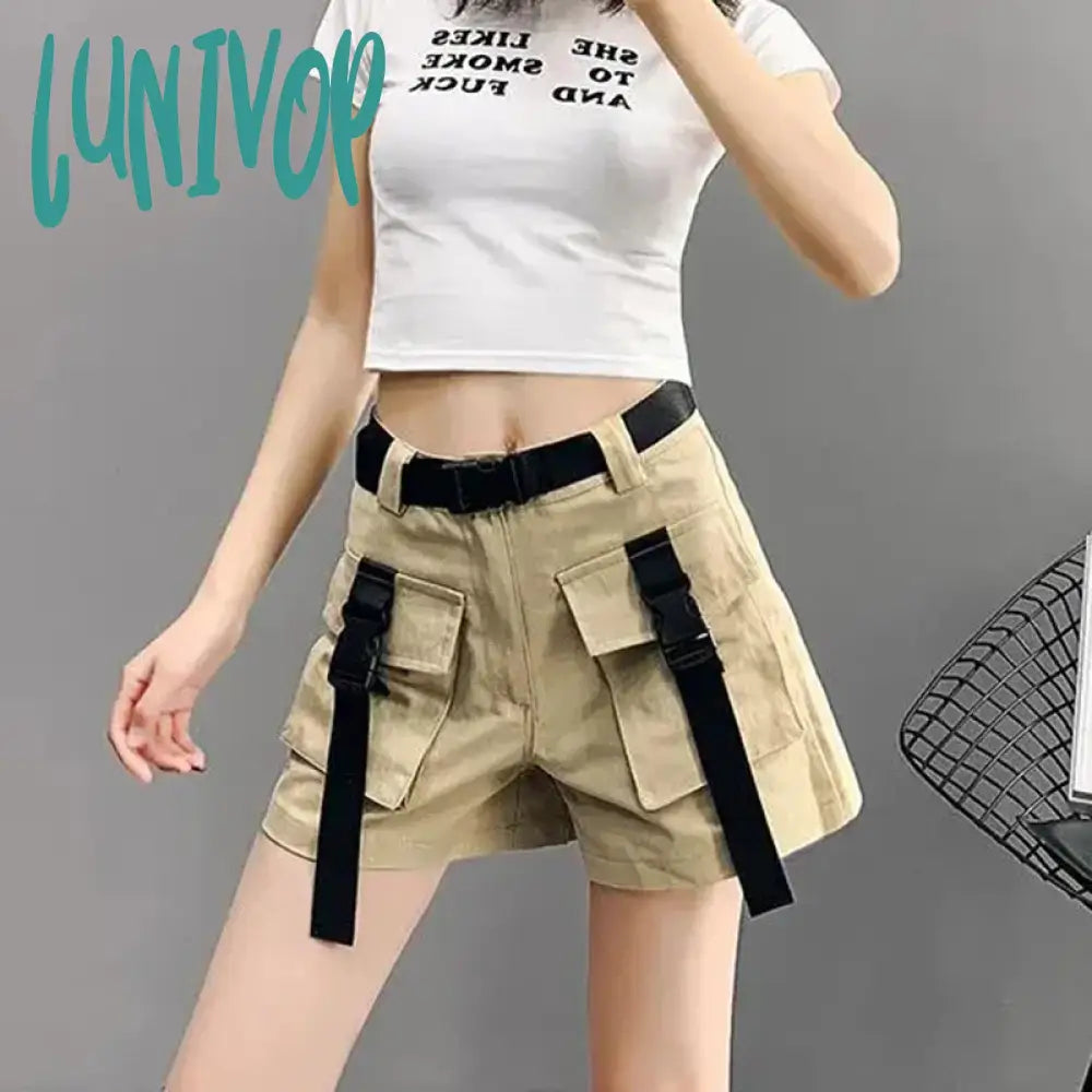 Lunivop Cargo Shorts Women Harajuku Streetwear High Waist Pockets Belt Wide Leg Korean Loose All