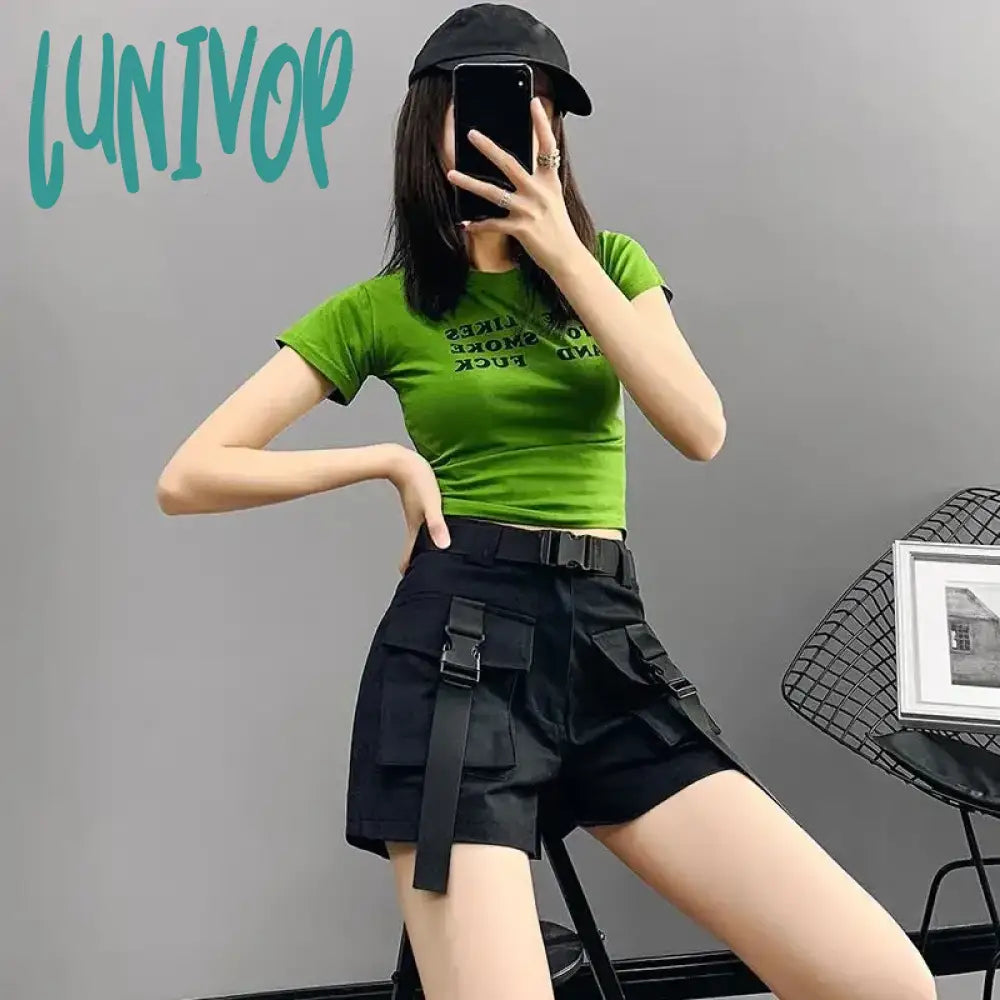 Lunivop Cargo Shorts Women Harajuku Streetwear High Waist Pockets Belt Wide Leg Korean Loose All