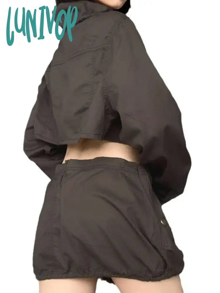 Lunivop Cargo Solid Simple Cropped Coats Drawstring Pockets Women Streetwear Y2K Jackets Korean