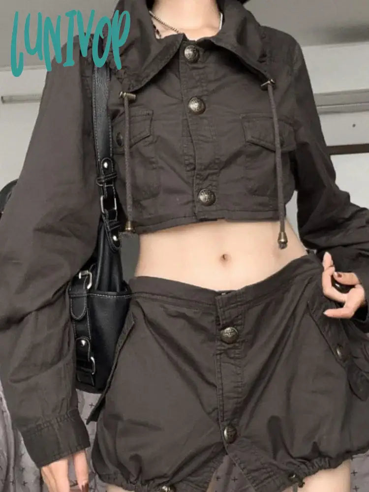 Lunivop Cargo Solid Simple Cropped Coats Drawstring Pockets Women Streetwear Y2K Jackets Korean