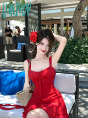 Lunivop Casual Beach Style Red Y2K Mini Dress Women Outwear Even Party Korean Fashion Chic Sexy