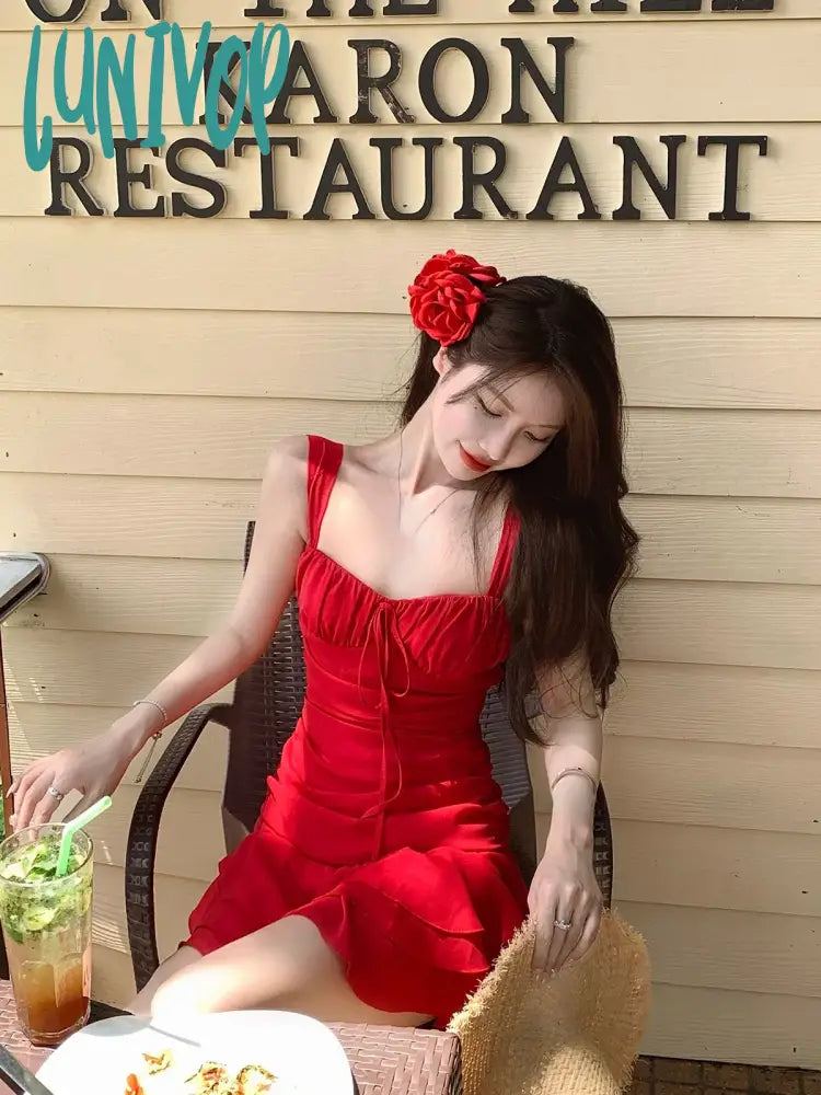 Lunivop Casual Beach Style Red Y2K Mini Dress Women Outwear Even Party Korean Fashion Chic Sexy