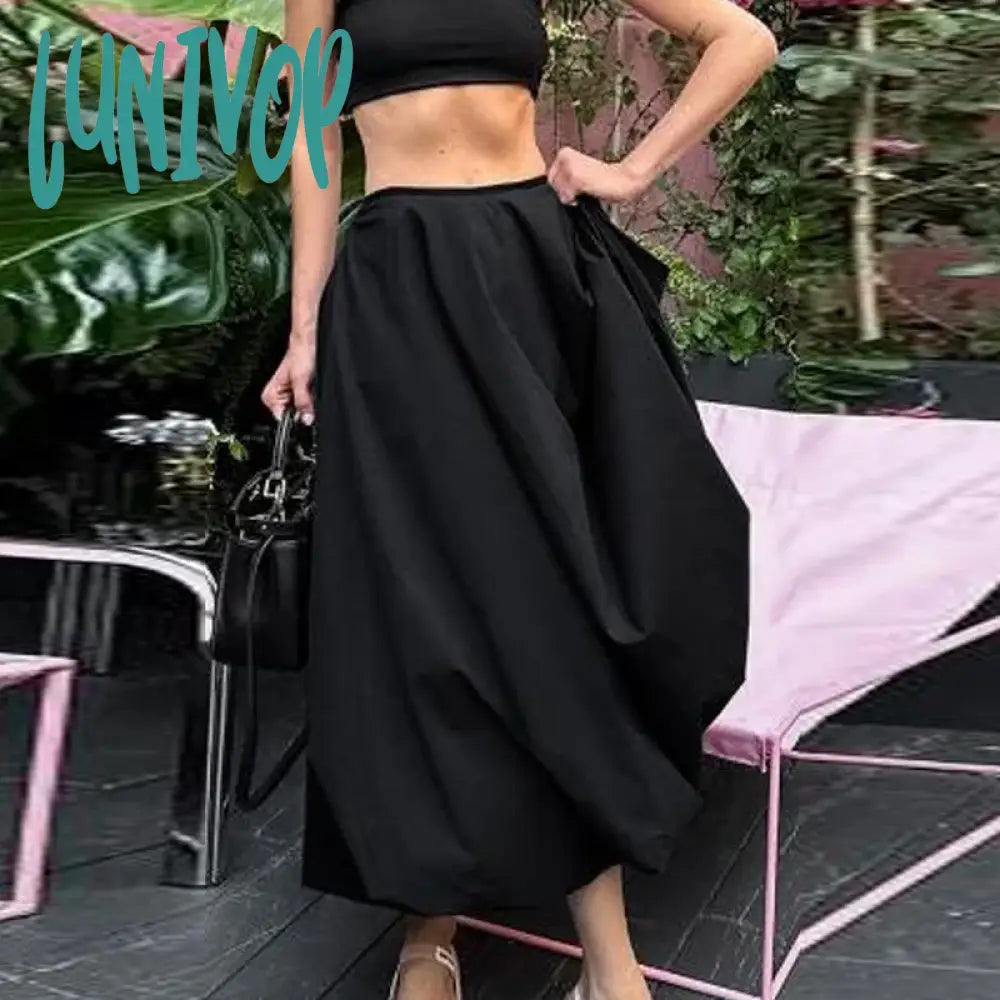 Lunivop Casual Elastic High Waist Flowy A-Line Long Skirt Y2K Women Bubble Maxi Vintage Ruffle