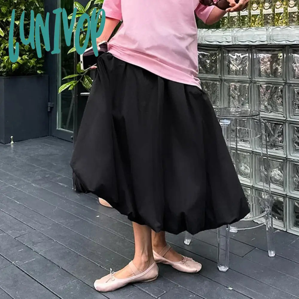 Lunivop Casual Elastic High Waist Flowy A-Line Long Skirt Y2K Women Bubble Maxi Vintage Ruffle