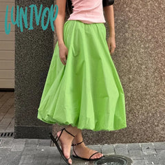 Lunivop Casual Elastic High Waist Flowy A-Line Long Skirt Y2K Women Bubble Maxi Vintage Ruffle