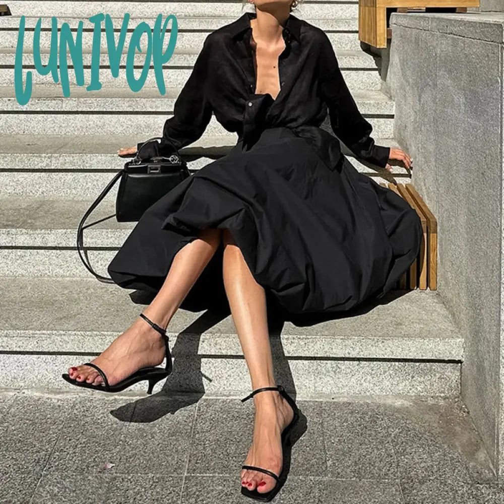 Lunivop Casual Elastic High Waist Flowy A-Line Long Skirt Y2K Women Bubble Maxi Vintage Ruffle