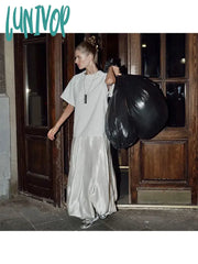 Lunivop Casual Woman Baggy Maxi Elastic Waist Skirt Solid Color A-Line Silk Pleated Preppy Style