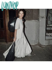 Lunivop Casual Woman Baggy Maxi Elastic Waist Skirt Solid Color A-Line Silk Pleated Preppy Style