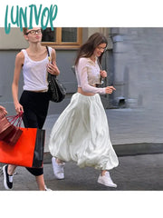 Lunivop Casual Woman Baggy Maxi Elastic Waist Skirt Solid Color A-Line Silk Pleated Preppy Style