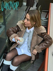 Lunivop Chic Brown Faux Fur Lambswool Short Coat For Women Elegant Lapel Long Sleeve Zipper Jacket