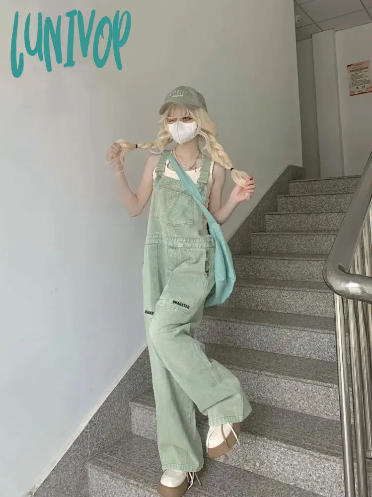 Lunivop Chic Light Green Dnim Pants For Women Overalls Spring Autumn High Waist Straight Loose