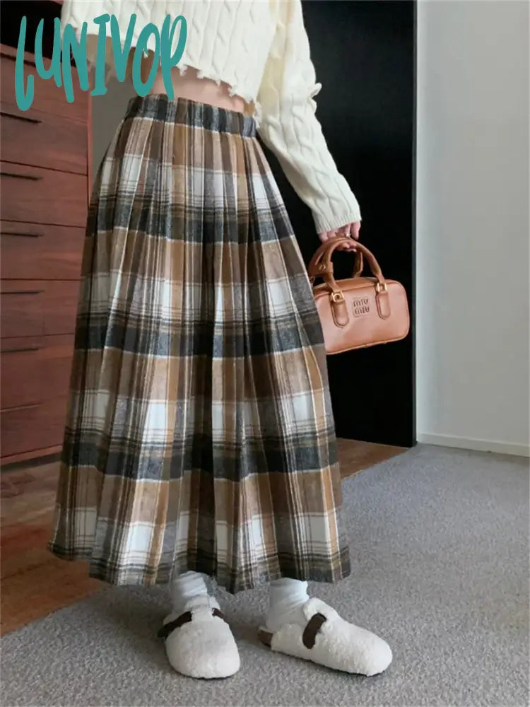 Lunivop Chic Plaid New Maxi A-Line Skirts Loose Daily Vintage Casual Woolen Streetwear Thicken