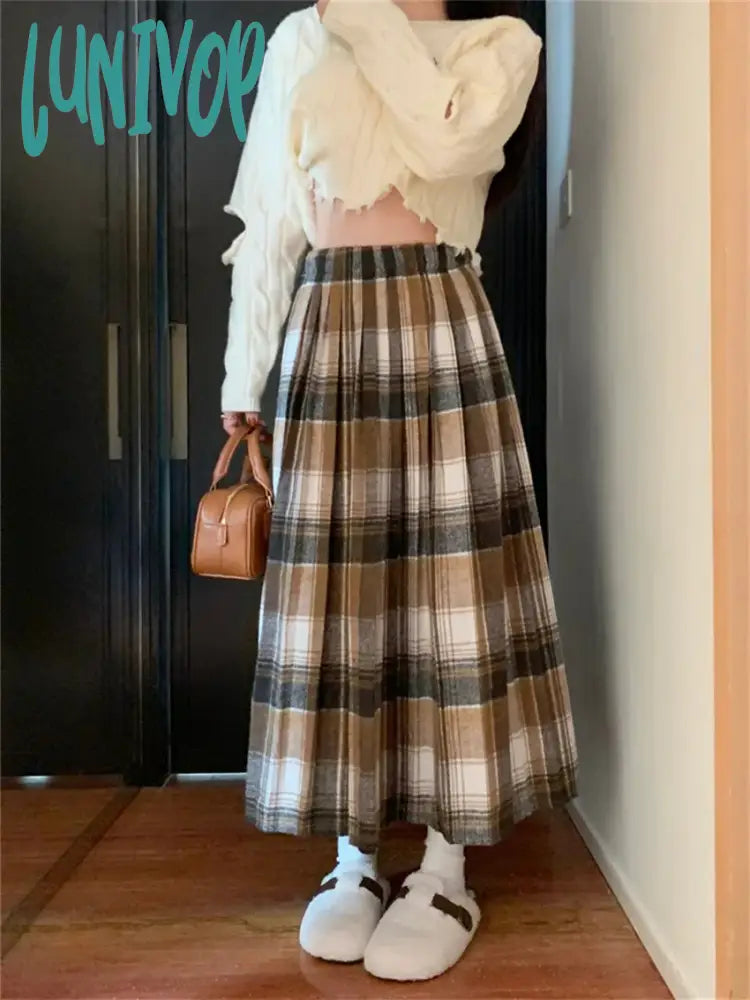 Lunivop Chic Plaid New Maxi A-Line Skirts Loose Daily Vintage Casual Woolen Streetwear Thicken