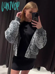 Lunivop Chic Rib Trim Sequin Jacket For Women Fashion Elastic Collar Long Sleeves Pockets Cardigan