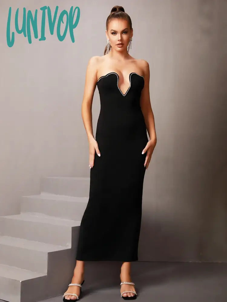 Lunivop Chic Summer Sexy Strapless Diamonds Crystal Black Maxi Long Women Bodycon Bandage Dress