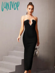 Lunivop Chic Summer Sexy Strapless Diamonds Crystal Black Maxi Long Women Bodycon Bandage Dress