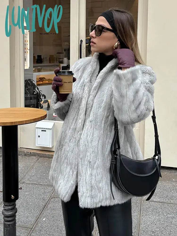 Lunivop Chic Textured Women’s Faux Fur Thicken Coat Elegant Loose V Neck Long Sleeves Furry