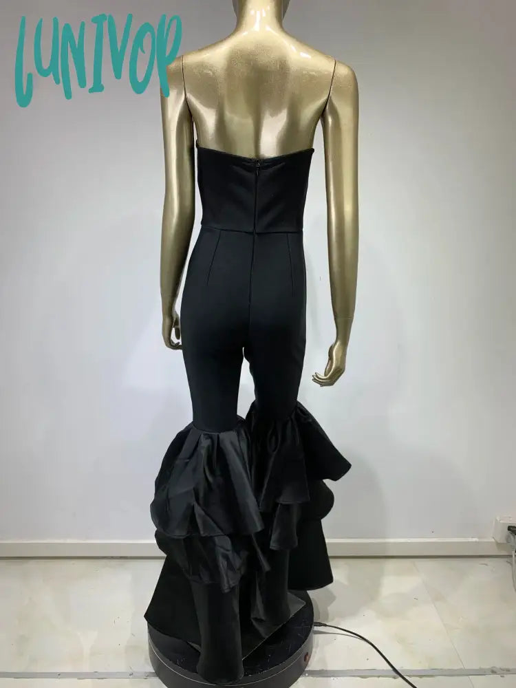 Lunivop Chic Women Luxury Sexy Strapless Ruffles Bodycon Flare Black Bandage Jumpsuit Celebrity