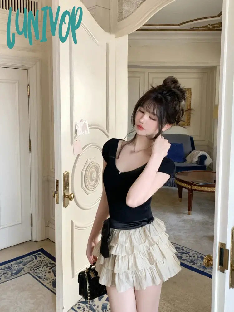 Lunivop Chiffon 2 Piece Skirts Sets Outwear Casual Y2K Crop Tops Sleeveless + Mini Korean Fashion