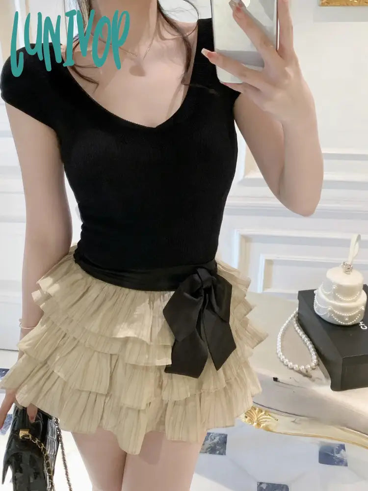 Lunivop Chiffon 2 Piece Skirts Sets Outwear Casual Y2K Crop Tops Sleeveless + Mini Korean Fashion