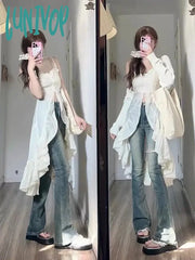 Lunivop Chiffon Fashion Outfits 2 Piece Skirt Set Sexy Strap Dress + Beige Long Tops Ruched Mori