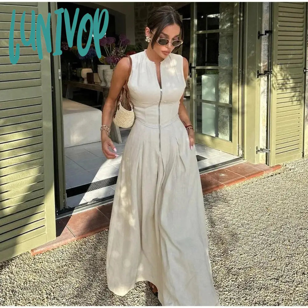 classy demure mindful dress to impress 2024 High Waist Solid Color Sleeveless Zipper Dress Fashion Slim Commuter Dress
