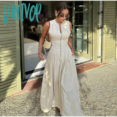 classy demure mindful dress to impress 2024 High Waist Solid Color Sleeveless Zipper Dress Fashion Slim Commuter Dress