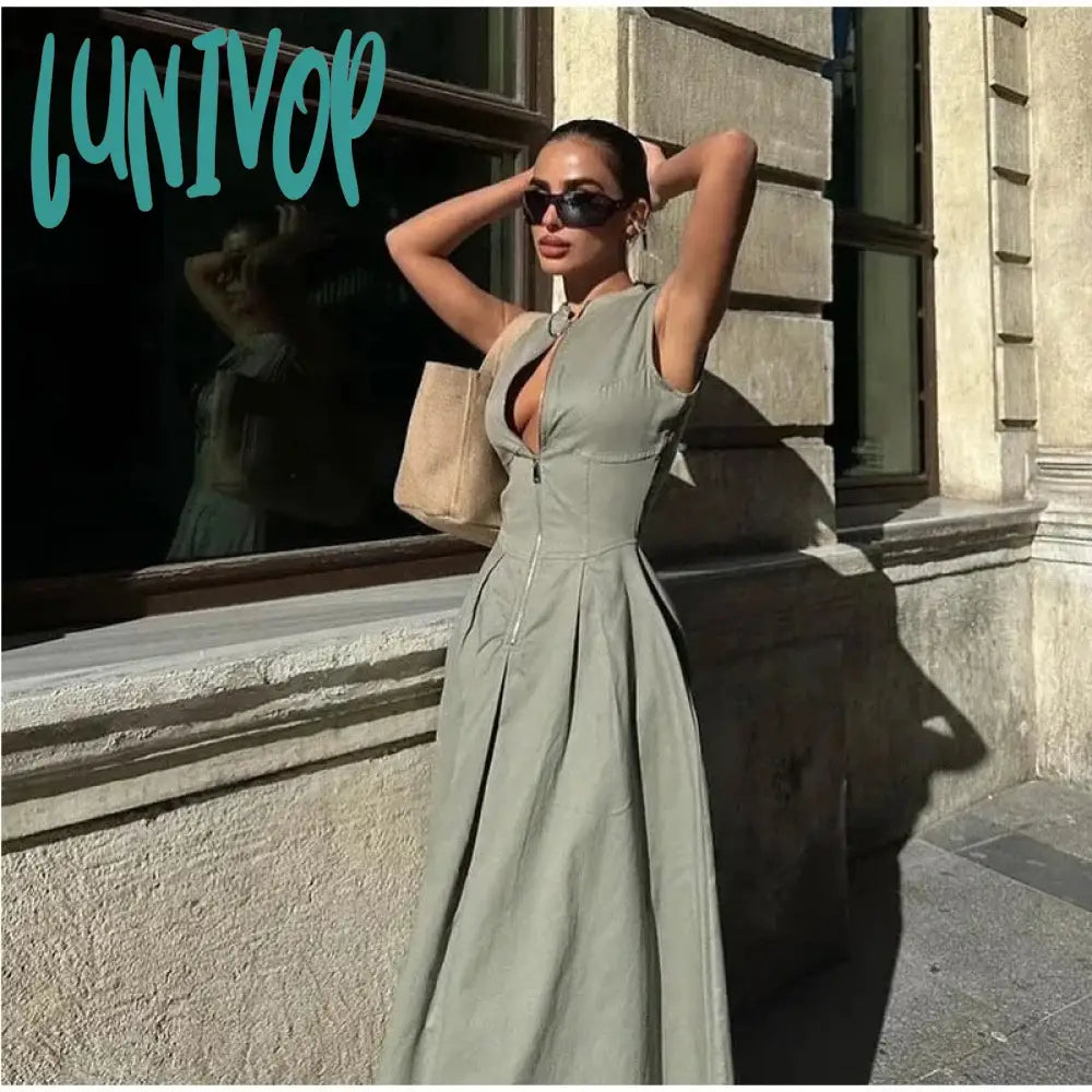 classy demure mindful dress to impress 2024 High Waist Solid Color Sleeveless Zipper Dress Fashion Slim Commuter Dress