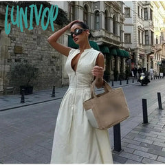 classy demure mindful dress to impress 2024 High Waist Solid Color Sleeveless Zipper Dress Fashion Slim Commuter Dress