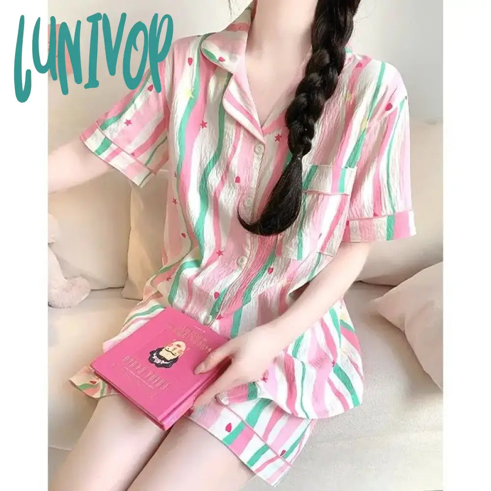 Lunivop Cloud Cotton Pajamas Women Summer 2024 New Cute Colourful Stripes Short-Sleeved Shorts Suit